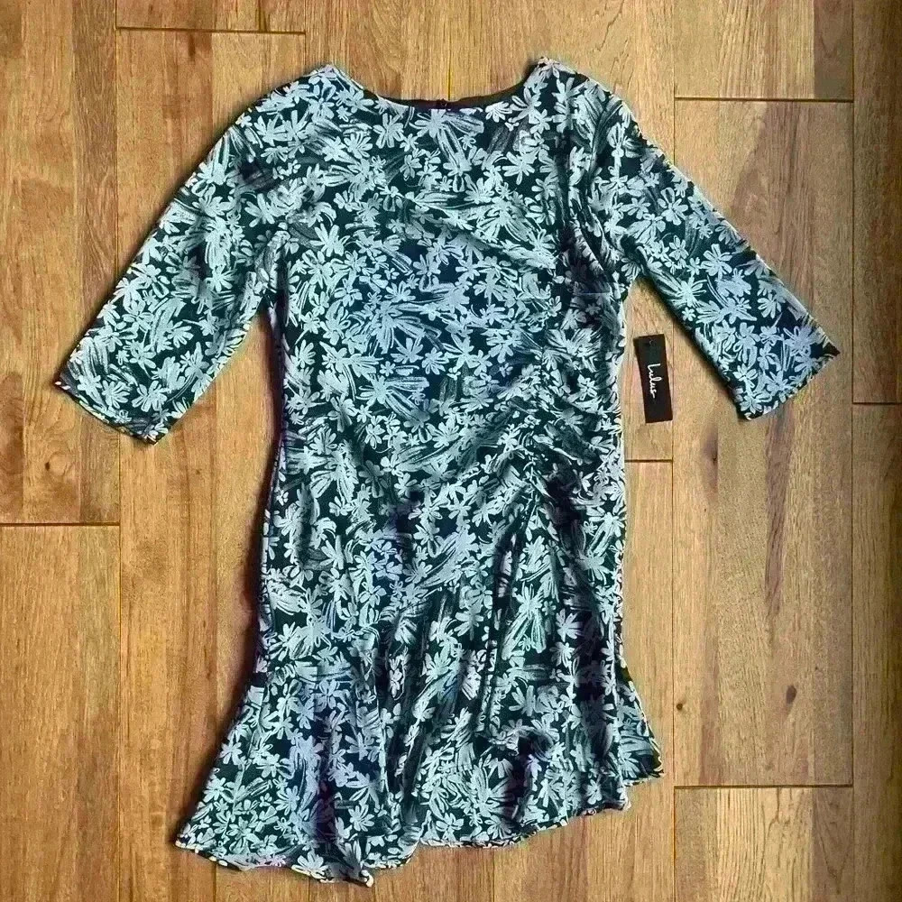Lulus Lalaine Black and Blue Floral Ruched Dress Sz M ‎ Wedding Party Flirty - Picture 5 of 11